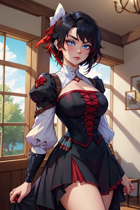 (masterpiece, best quality, absurdres, 4k, aesthetic, detailed, intricate),1girl,nikkecrwn,, hair ribbon, black hair,
Ruby Rose from Rwby, Oppulent historically accurate victorian dress
