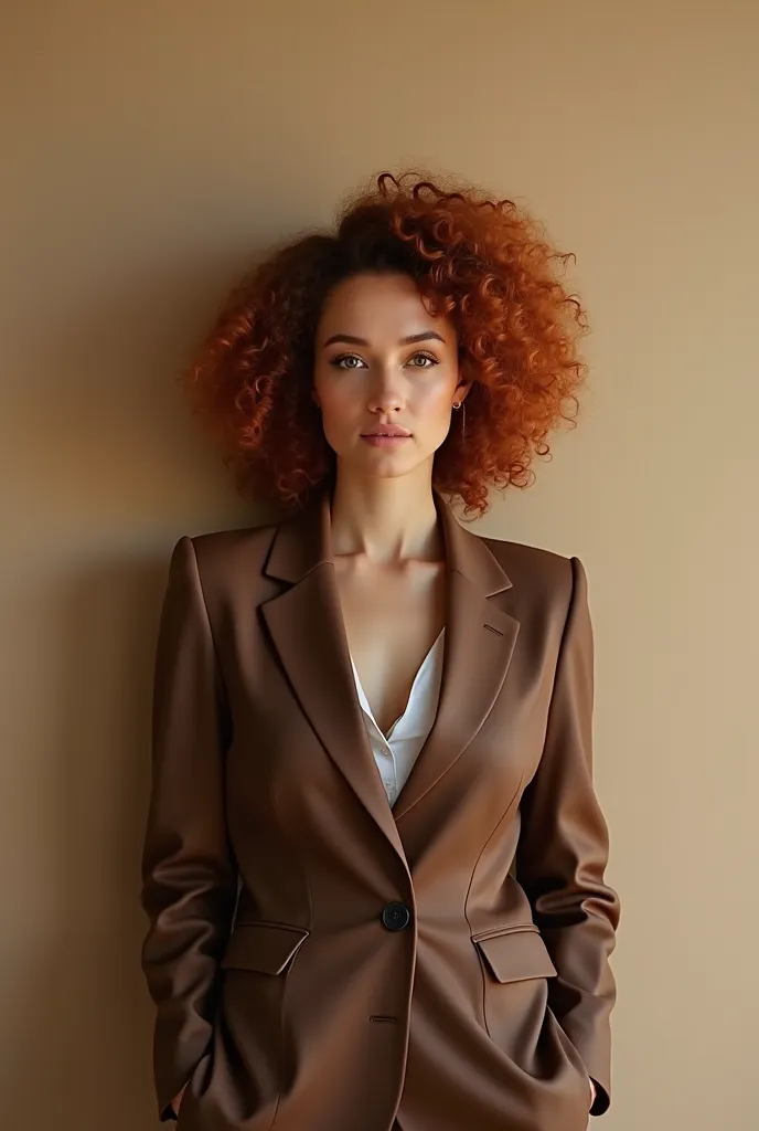 Professional photograph of a white woman with curly, coppery red hair, with a beige wall wearing a brown blazer