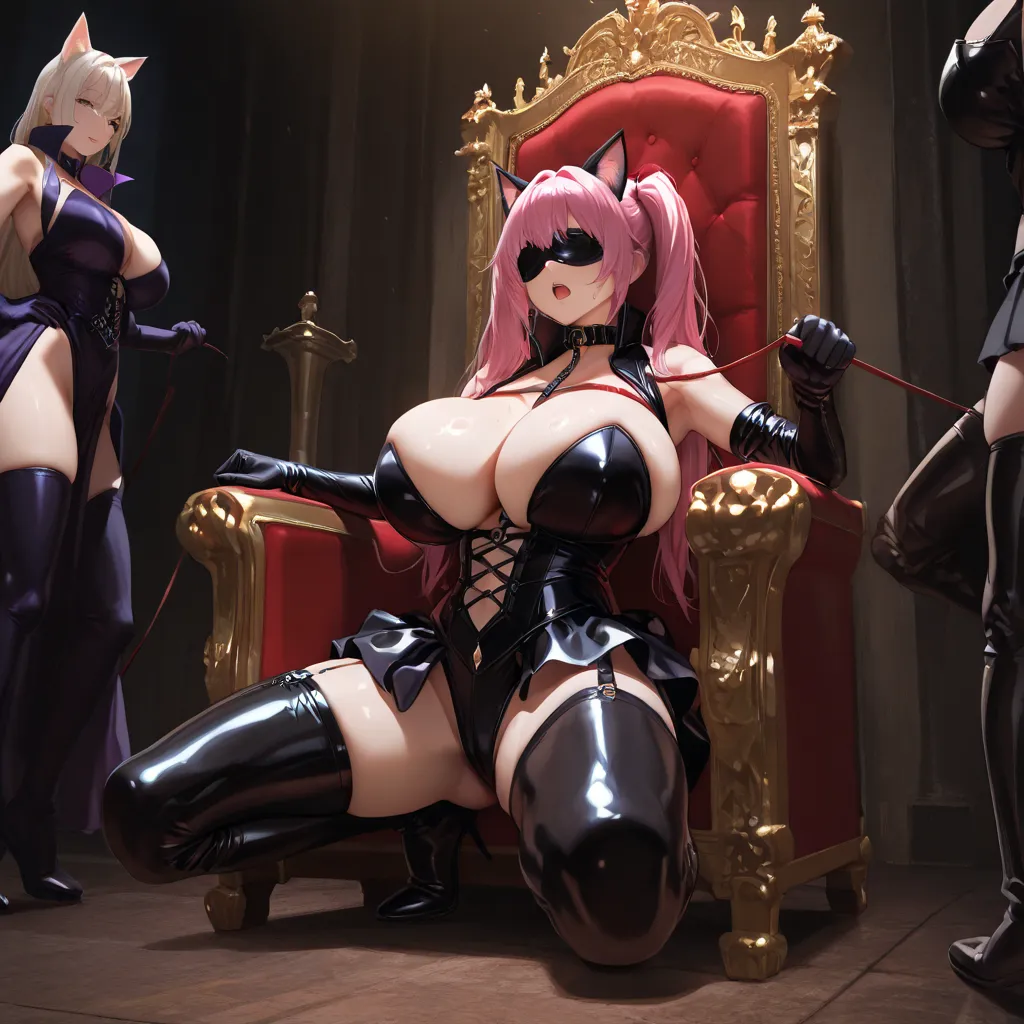  with Very huge breast, busty, long ponytails hair with cat ears. dressed sexy majestic queen dress with ((very dramatic high popped up collar)), long boots, long gloves, evil cruel mistress on throne holding leash attached to innocent helpless slave that ...