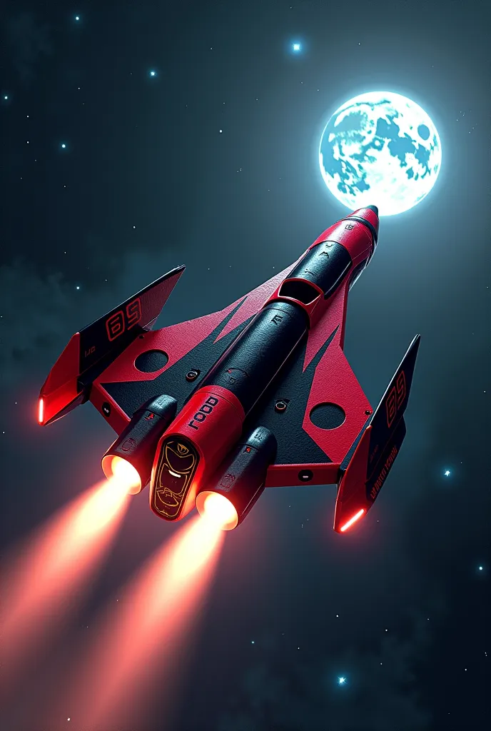 Create a Realistic image. A stylized spaceship covered with Deadpool's Black and Red color costume design,taking off into a starry sky, with a glowing planet in the background.