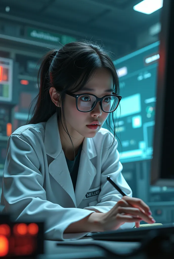 Create a female character in glasses and lab coat from SUS