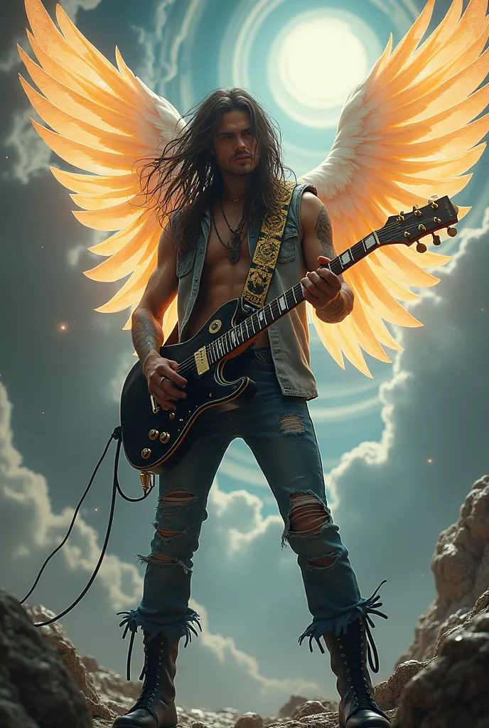 Generate the image of an archangel playing guitar with umal black boots big hair playing the guitar in an impressive way standing and standing among the clouds spiral-shaped clouds luses rochas coming out of the guitar The mighty angel with a gold strap pl...