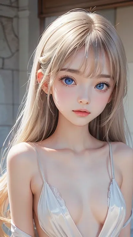 (( full nude)), ((whole body)), ((Baby Face)), Beautiful white glowing skin,  extraordinary beauty,  bright ,  fresh and gentle look, Perfect beautiful pretty face,  shiny platinum blonde silky super long straight hair,  beautiful shiny bangs , (( small br...