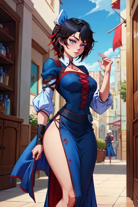 (masterpiece, best quality, absurdres, 4k, aesthetic, detailed, intricate),1girl,nikkecrwn,, hair ribbon, black hair,
Ruby Rose from Rwby,  Features of the magical costumes of the heavens，a small amount of blue cloth,exquisite clothes,Floor skirt
