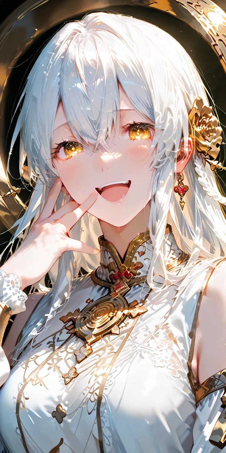 A girl with white hair, golden eyes, laughing white clothes on gold