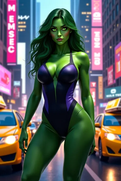 A hyper-realistic digital painting of She-Hulk standing confidently in the heart of New York City. Her glowing green eyes pierce through the city lights, her toned and curvy physique radiating power and allure. She wears a sleek, tight-fitting black and pu...