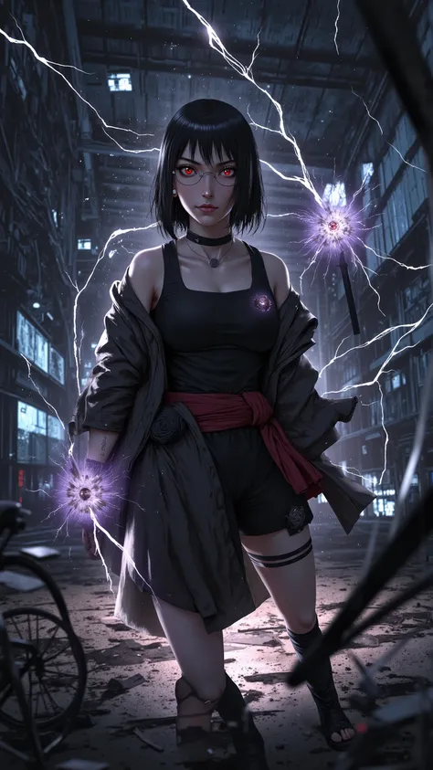 BARUTO_Timeskip_Uchiha_Sarada_ownwaifu, hand in pocket,
1girl, glasses, round eyewear, black hair, black eyes, bangs, swept bangs, short hair, lips, medium breasts, thighs,
black choker, earrings, jewelry, strapless, off shoulder, collarbone, red belt, op...