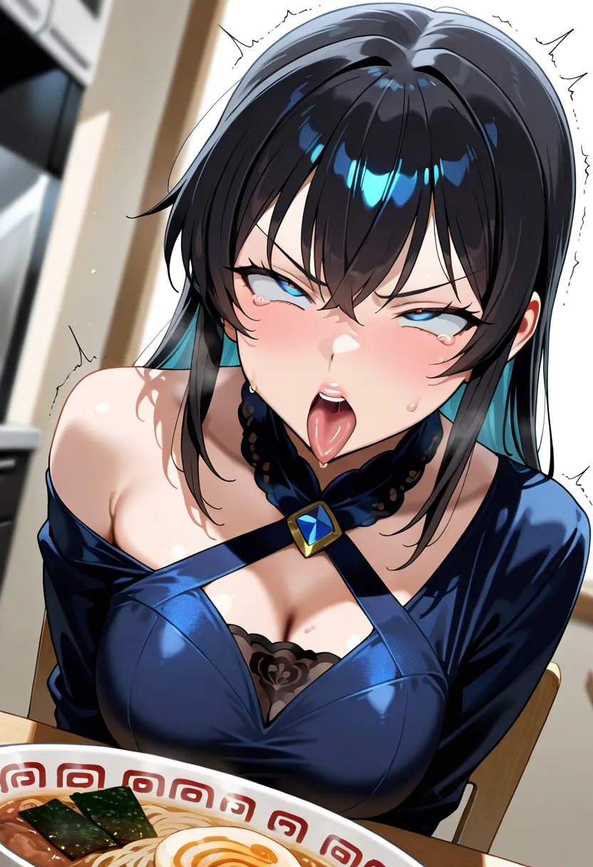 (masterpiece, best quality, great quality, very beautiful, abusseur dress, latest:1), 1 girl ,Portrait,  black hair, blue eyes, Ohogao,  Pointed lips, all over the man, tear up,   V Shaped Eyebrows,  Turning Eyes , open your mouth,  squint,Ohogao, puckered...