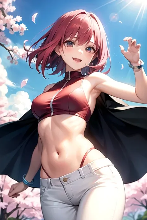 ((Best Quality)), ((masterpiece)), (Detailed),  1girl , Haruno Sakura , forehead mark , Red Hair Band , Red Sleeveless Dress , navel , groin , White Pants , bracelet , Cherry blossoms ,  Flying Petals  , wind , flowing hair , Close eye , Look Up , Smile , ...