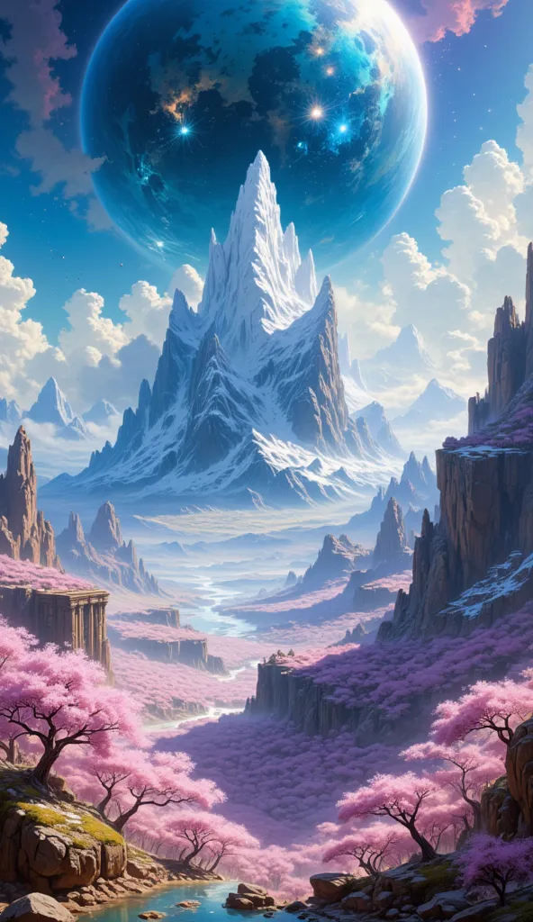 masterpiece, Mount Olympus with ancient Greek temples, a large cherry blossom forest, a lot of clouds everywhere, a planet in the sky and stars, el monte olimpo muy Detailed, beautiful cherry blossom forest of breathtaking color, clouds all over the landsc...