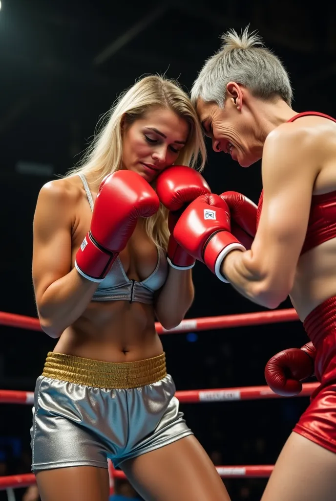 A beautiful blonde woman, eyes closed, wearing silver metallic short shorts, gold belt, white socks, red boxing gloves, sweaty, bending over, head turned to the side, looks exhausted and beaten, in a boxing ring being punched in the head by a smaller gray-...