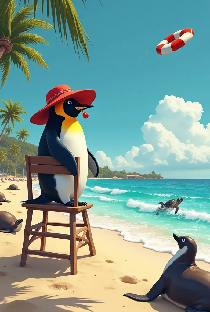 A penguin wearing a lifeguard hat, patrolling a sunny beach filled with sunbathing seals and turtles. The penguin sits atop a tall lifeguard chair, holding a whistle in its beak. Suddenly, it spots a frisbee floating out to sea and dives heroically into th...