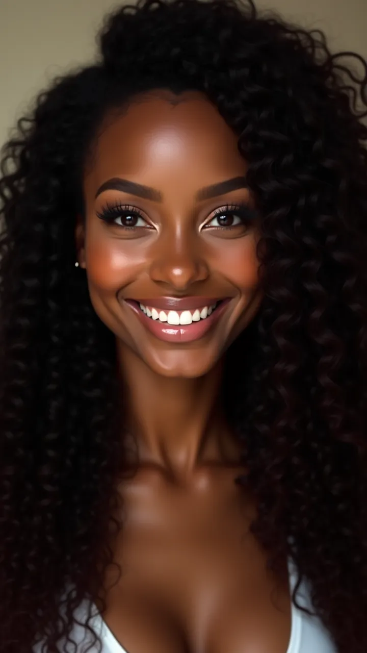 Ultra-realistic portrait of a beautiful Black Brazilian woman with long curly hair, a rectangular face with dimples, full lips, white teeth, and striking brown eyes. She appears to be around 30 years old, with a height of 170 cm and a weight of approximate...