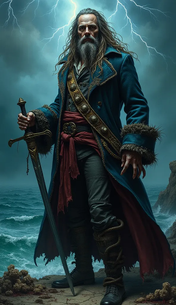 A highly detailed oil painting of Davy Jones from Pirates of the Caribbean, standing in a powerful, haunting pose. His face is fully visible, with piercing, sorrowful eyes and a cold, unreadable expression. His beard consists of twisting tentacles, slightl...