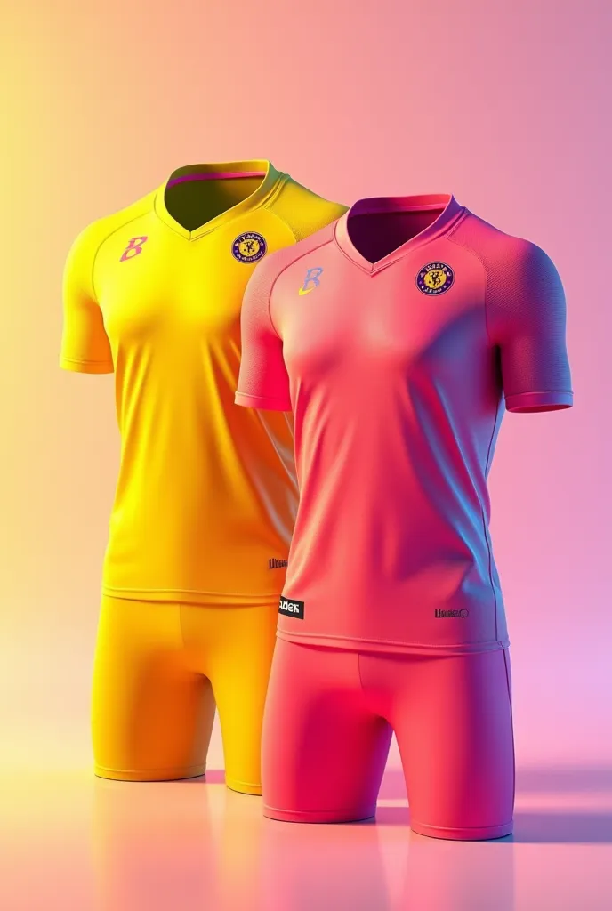 Create an image with two professional volleyball jerseys one phosphorite yellow and one phosphorite pink with the logo in the corner like a professional volleyball t-shirt