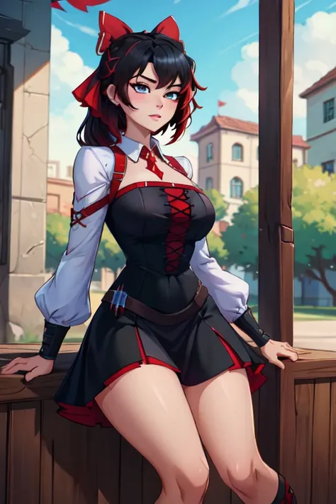 (masterpiece, best quality, absurdres, 4k, aesthetic, detailed, intricate),1girl,nikkecrwn,, hair ribbon, black hair,
Ruby Rose from Rwby,  wearing a red high-collared open-backed shoulderless dress with black frills and trim (no white), long sleeves,
