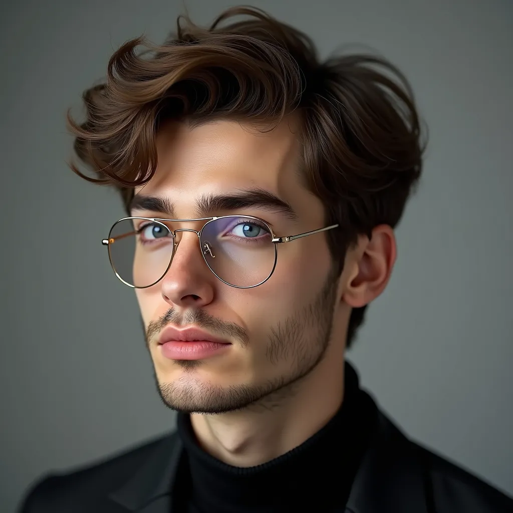 Ultra-realistic professional photoshoot of a handsome young male (20-24 years old) with a heart-shaped face, showcasing aviator glasses that complement his unique facial structure. The teardrop shape of the aviators softens the wider forehead and balances ...