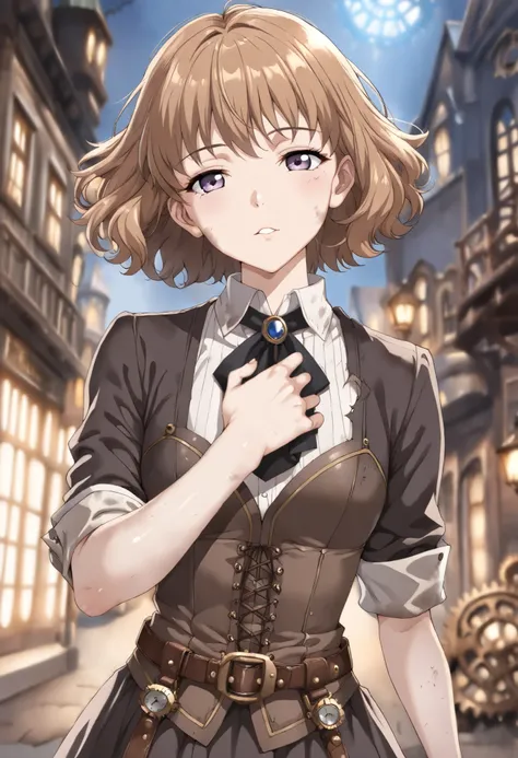 (((high definition))), dramatic shadows, depth of field, in 2D retro cartoon style,   hand drawing, (world, where steampunk and post-apocalyptic aesthetics collide), cute woman in torn dirty clothes, (more rusty steampunk details: gears, valves, tubes), fu...