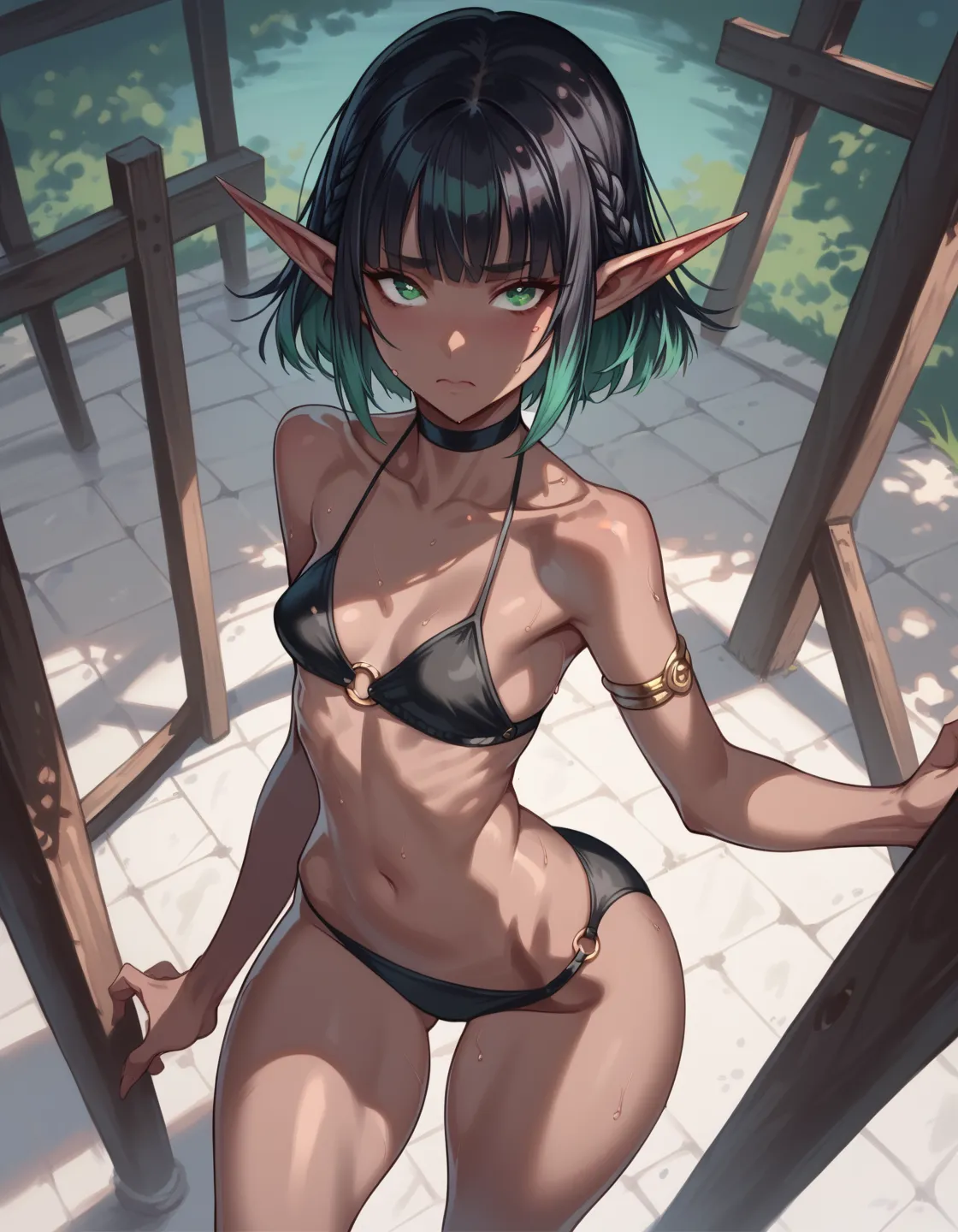 score_9, score_8_above, score_8, 1 , (Small breasts),   medium hips,   medium thighs,    looking at the spectator, dark black skin ,large, smooth blond hair, fringe,  black bikini, Elf Ears,green eyes.