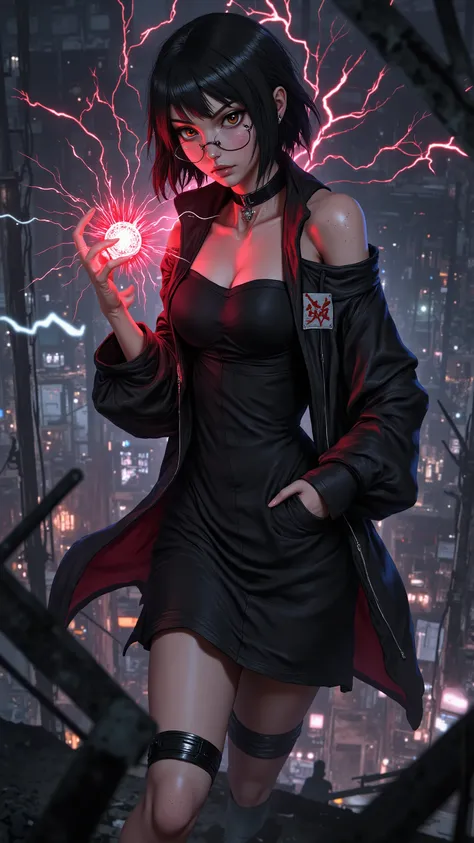 BARUTO_Timeskip_Uchiha_Sarada_ownwaifu, hand in pocket,
1girl, glasses, round eyewear, black hair, black eyes, bangs, swept bangs, short hair, lips, medium breasts, thighs,
black choker, earrings, jewelry, strapless, off shoulder, collarbone, red belt, op...