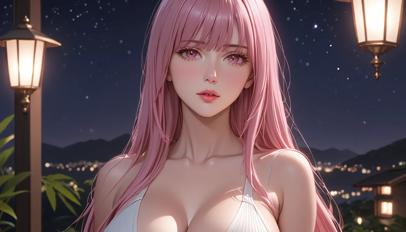 1 woman, semi realistic, Masterpiece, Master work, perfect, mature body, big size breast, straight half body long hair, soft pink colored hair with bangs, pink eyes, worry about you, wearing clothes, in the night, parted lips, high res, ultrasharp, (master...