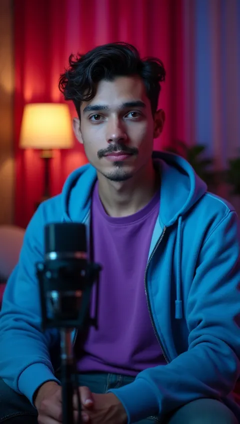 A young man with a round face, neatly styled wavy dark hair, and a light mustache sits confidently in a cozy, dimly lit room. He is wearing a purple t-shirt layered under a sky-blue hoodie and gazes directly at the camera with a calm yet engaging expressio...