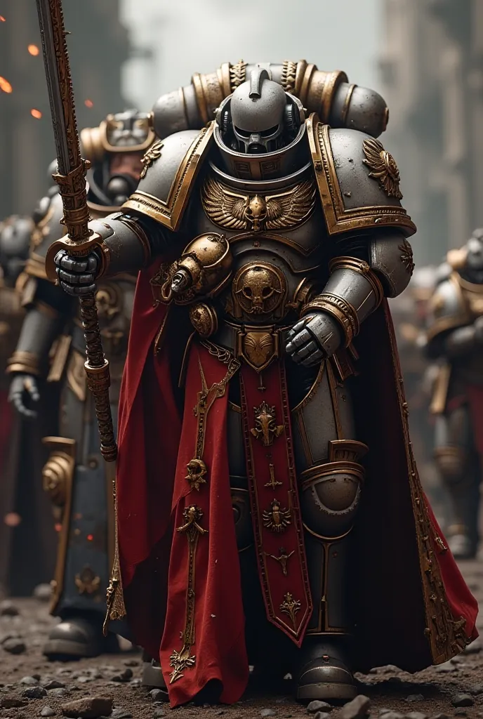 ((Hyperrealistic)) ((Photorealistic)) ((Masterpiece)) Warhammer 40k Lore, first character is a female from the Sisters of Battle in a red/gold Space marine armor; the second character is a male 'Grey Knight Terminator' in silver/metalic armor and he is wit...