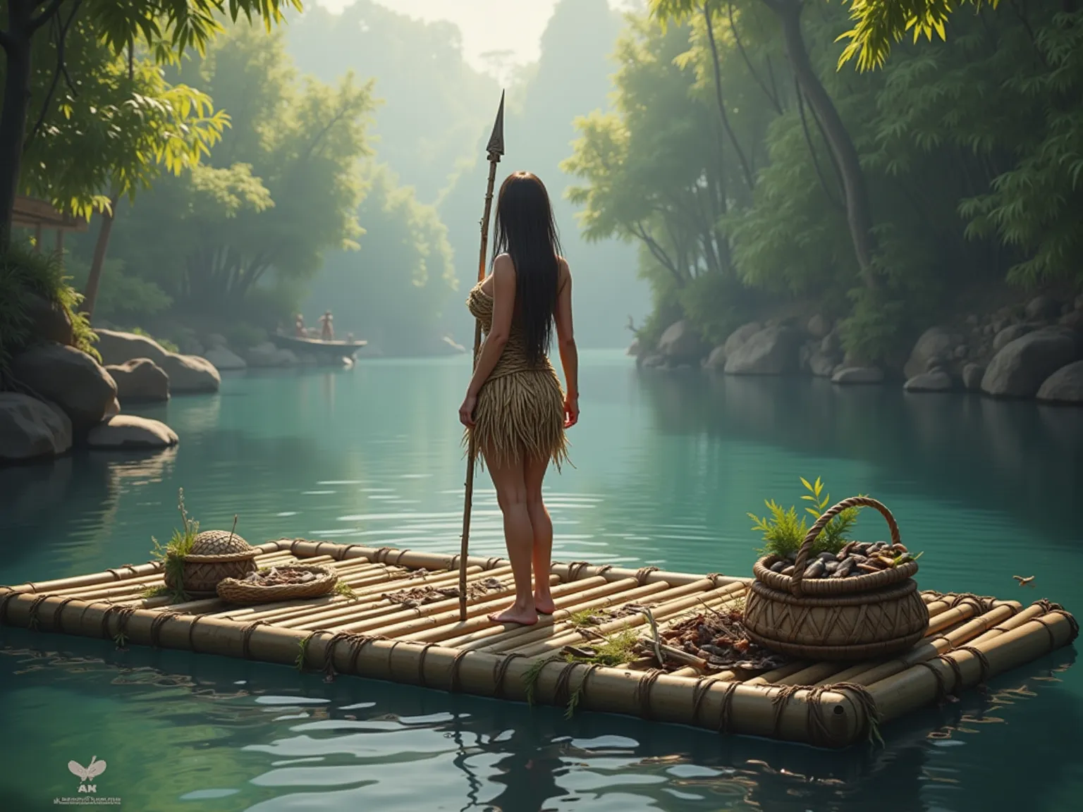 hd realistic, 4K: 1.2, prehistoric environment, no sea. (long thin and long bamboos: 1.2) (They are tied with vines in an organized way: 1.2) (forming a rectangle raft: 1.5) (Perfect flat and perfect: 1.2) is floating above the water forming small waves in...