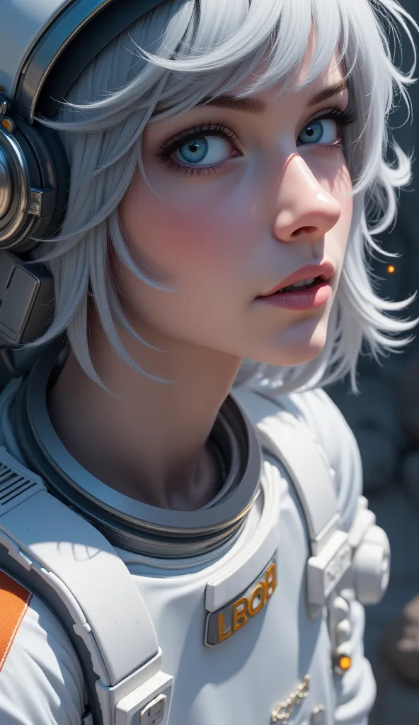 Close-up of an improved masterpiece:1.5)0.9], ( Space and astronauts :1.2) (Messy silver hair:1.1) (heterochromia: xanthochromia and blue eyes :1.2) (space helmet:1.0) (colored stars in the eyes:1.0) (A radiant glow:1.1) (thick lips:0.9)