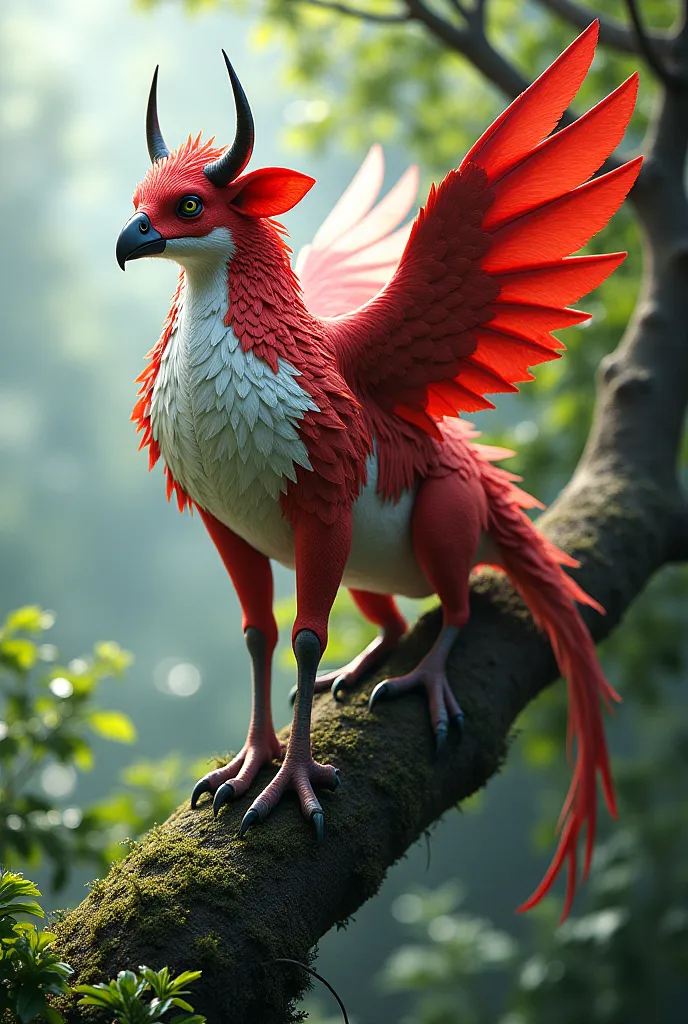 A  big beautiful bird looks like red and white cow with horns and wings siting on tree