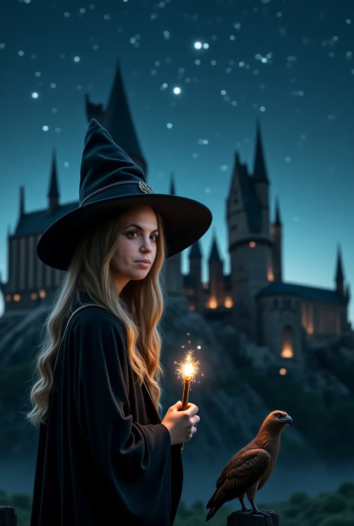 Make this girl with slytherin robes and a witch point small hat, long hair. In front of hogwarts castle at night and a sky full of stars. Near by a hippogriff. Holding a wand with a light going out of it. Make it realistic 