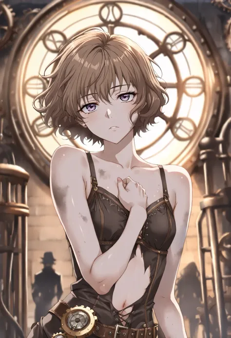 (((high definition))), dramatic shadows, depth of field, in 2D retro cartoon style, hand drawing, (world, where steampunk and post-apocalyptic aesthetics collide), cute woman in torn dirty clothes, (more rusty steampunk details: gears, valves, tubes), fu...
