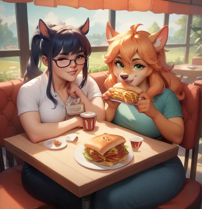 art famuly, them sitting together at a restaurant table, maybe sharing food like French fries, with  s