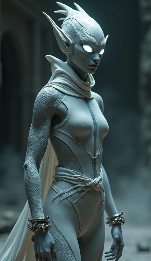 Ultra-realistic, 4K, cinematic full-body portrait of Khameleon, the stealthy and enigmatic ninja warrior. Her skin is a smooth, silver-gray hue, slightly translucent, adapting to her surroundings with a chameleonic effect. Her glowing white eyes, devoid of...