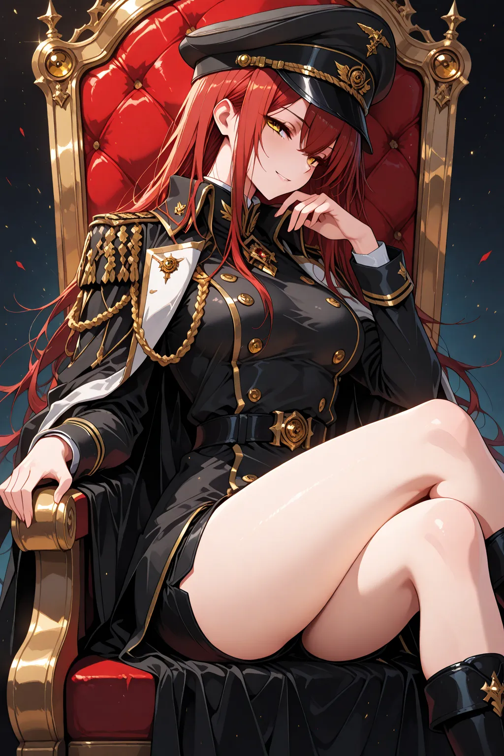 beautiful face, beautiful eyes,  best quality, look at viewers((best quality:1.5))((best quality eyes:1.5)), (from side) (view from far away) 1 girl, golden eyes, red hair, long hair, military uniform), (military hat), cloak, crossed legs, sitting on thron...