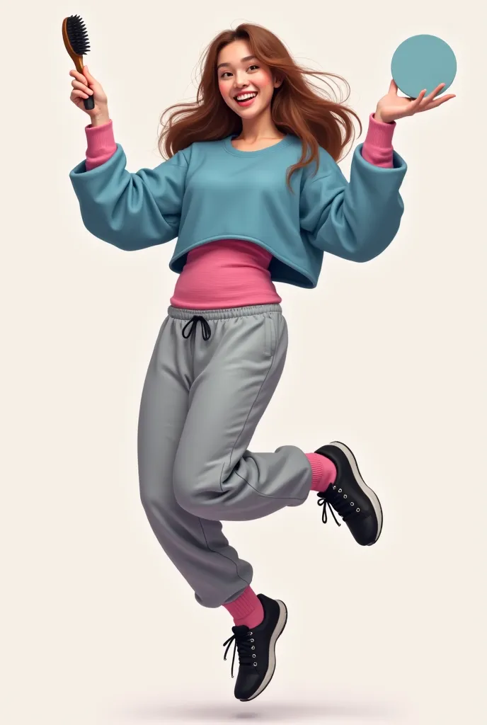 The person is a young woman with long brown hair and a cheerful facial expression. She is wearing a loose, long sleeved blue top, a pink hip bandage, wide gray sweatpants and black dance shoes with pink cuffs. Your pose is dynamic, as if she were in the ai...