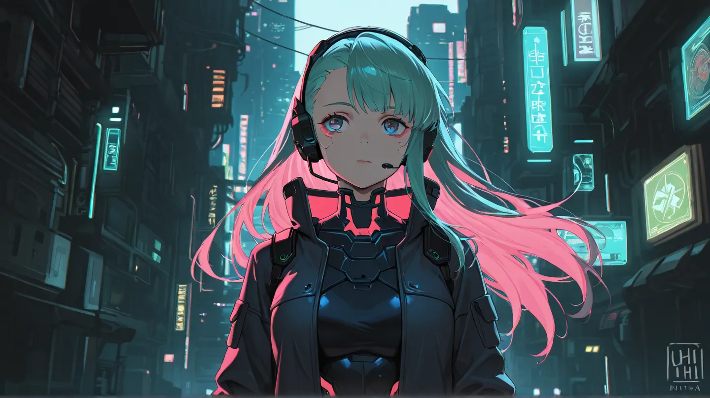 long haired girl, cyberpunk, wearing headset, cinematic, High Resolution, Accurate, Best Quality, Detail, HD, High Details, Quality, High Quality, UHD, 