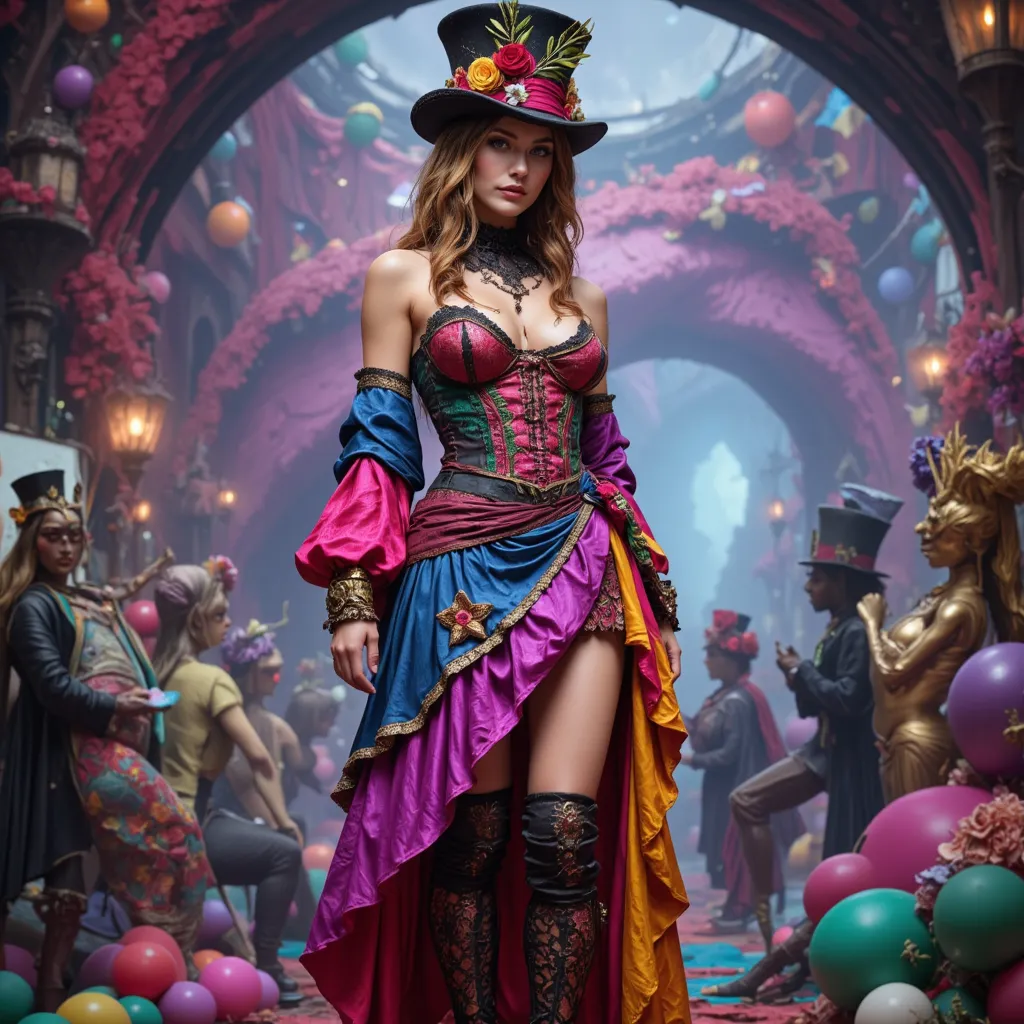 Women's mini skirt and tight bustier in the Mad Hatter version of Alice in Wonderland 