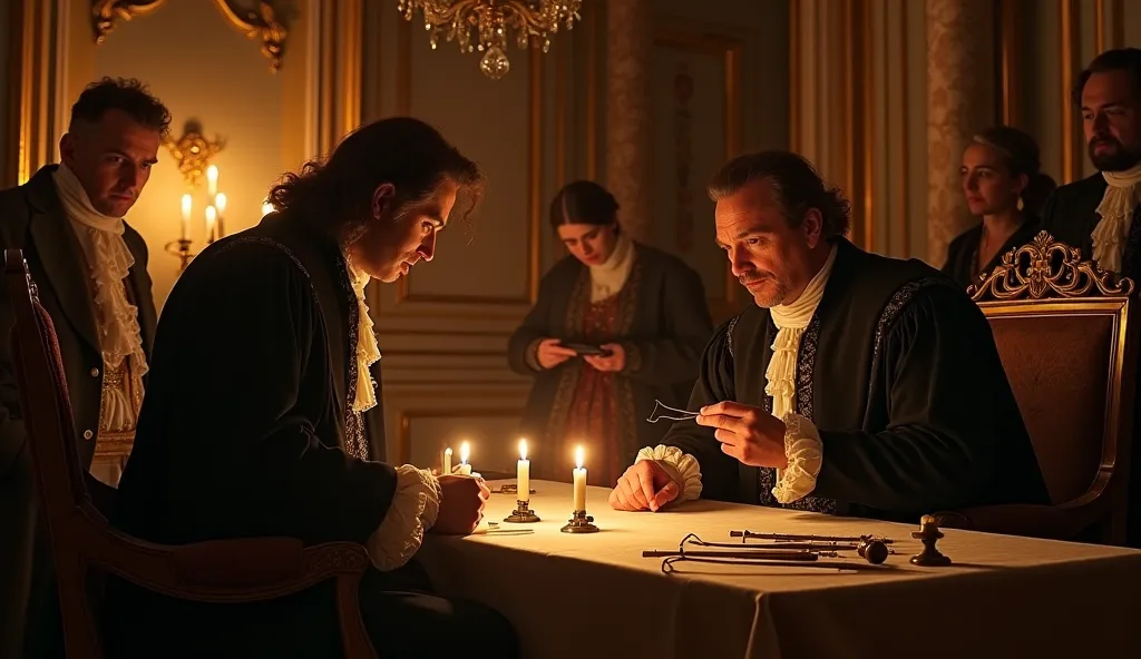 "A sumptuous room in the palace of Versailles, illuminated by flickering candle light. Louis XIV, sitting in a golden armchair, listens with a serious and resigned expression to his trusted surgeon, Claude François Félix, dressed in an elegant black dress....