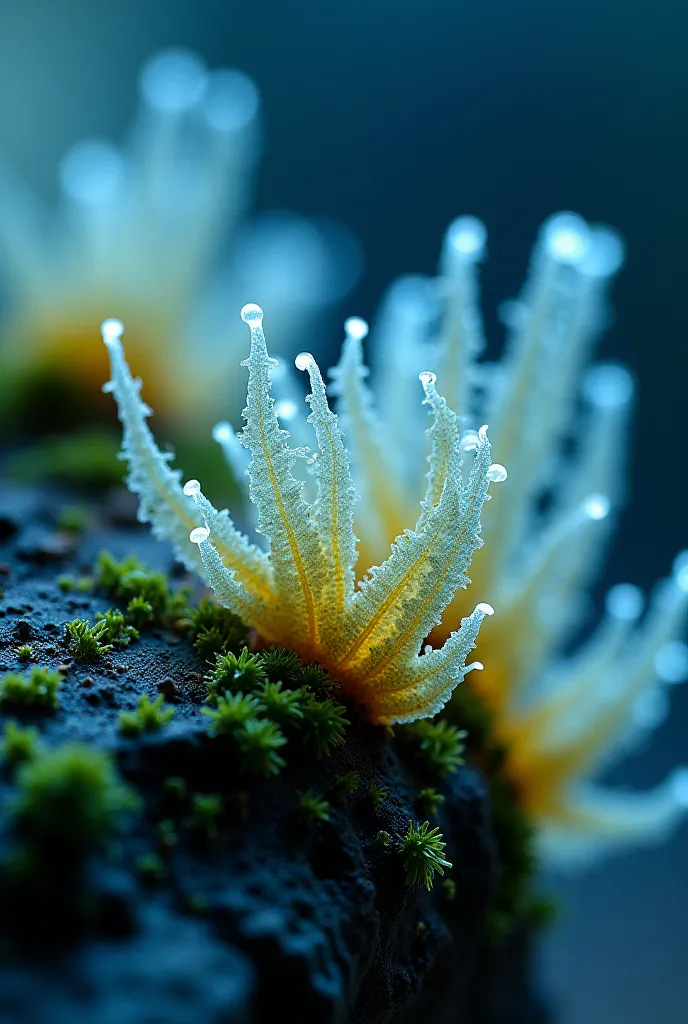 Macro photo of transparent Moss and lichen,   made of neon skin