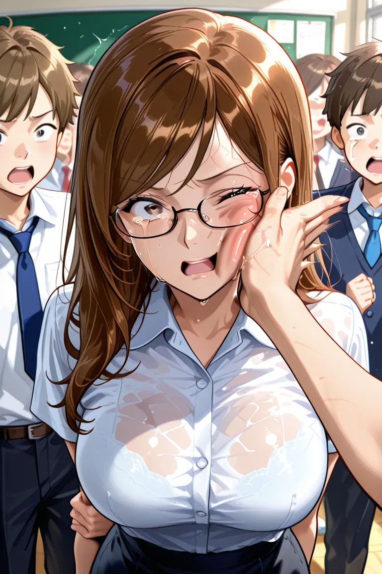 Female teacher getting slapped by young boy、classroom、Glasses、Move your arm from side to side quickly、Crying in pain、standing、brown hair、crowd