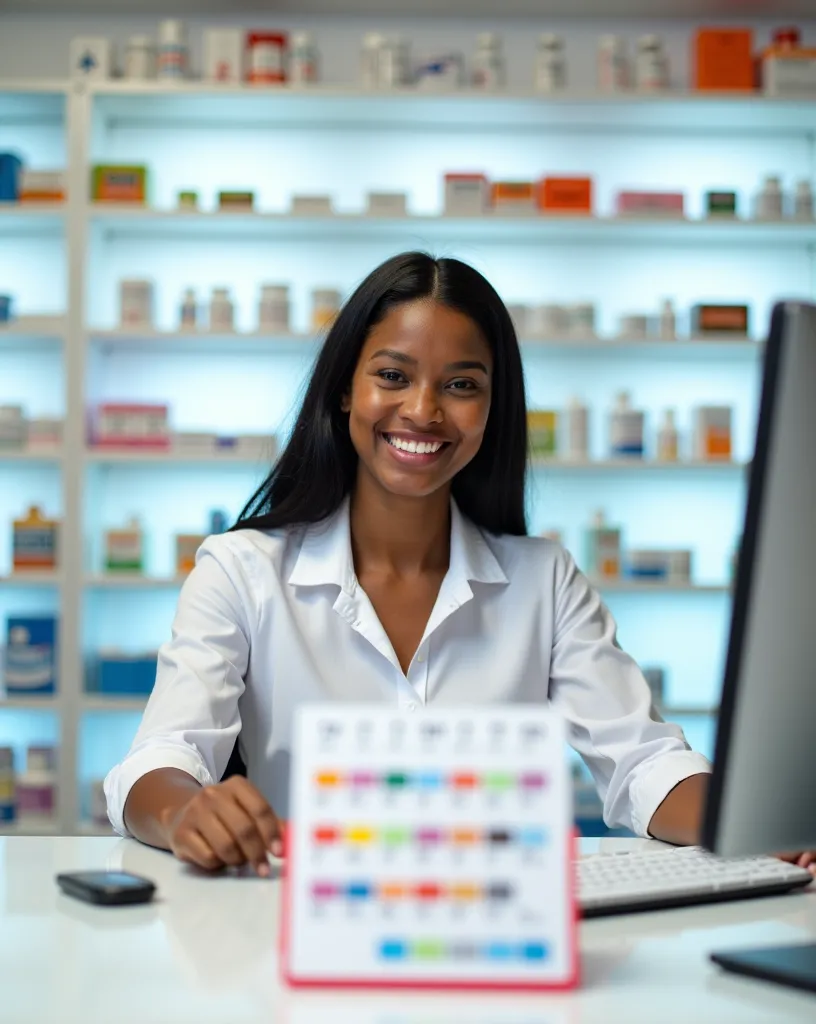 A professional photograph of a smiling black saleswoman at a pharmacy. The saleswoman is seated at a table.. The saleswoman looks at the photographer. The saleswoman wears a white shirt. The table has a colorful calendar highlighted. The table has a comput...