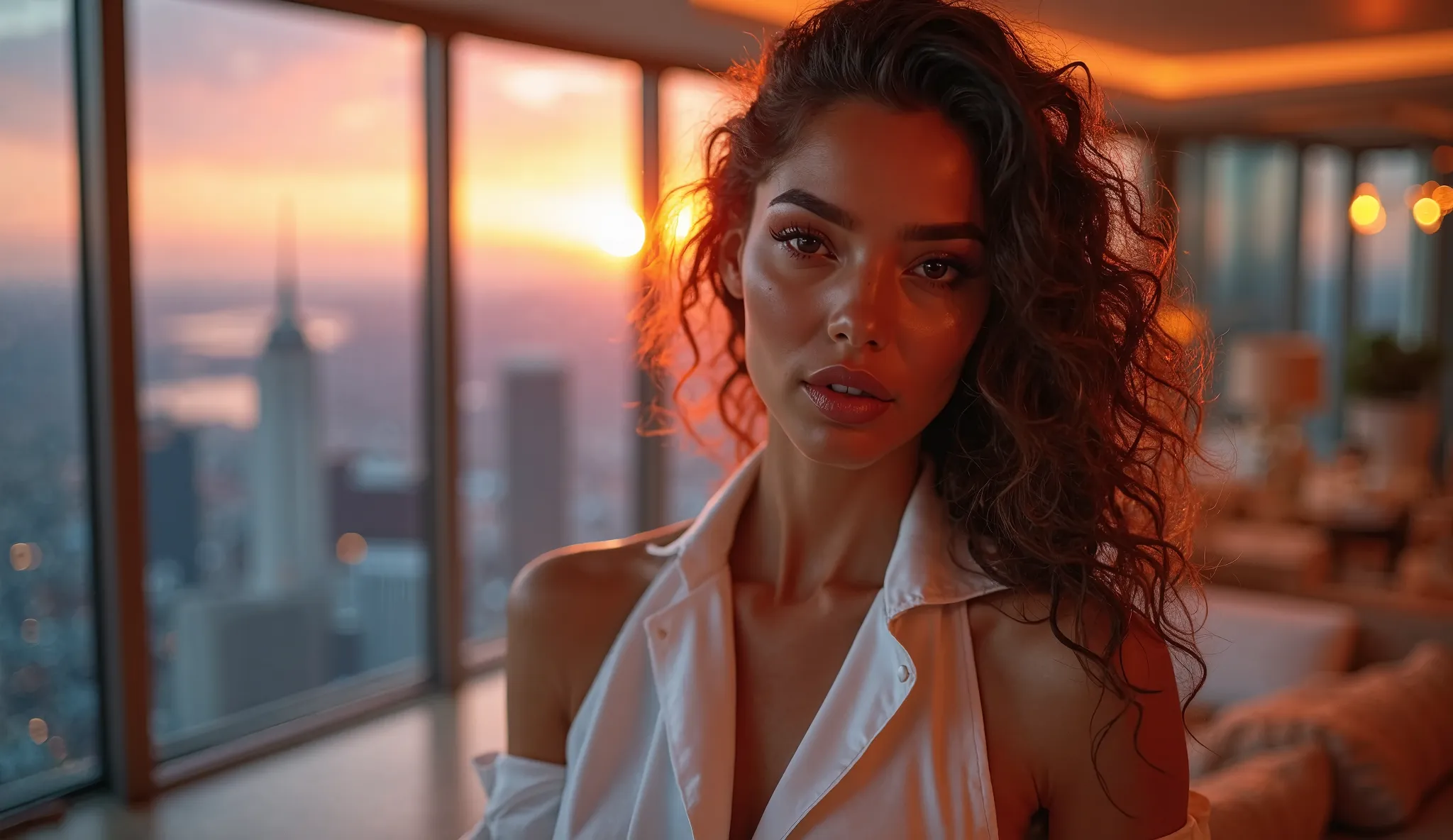 A striking, high-definition professional photograph captures a breathtaking woman in an opulent penthouse overlooking a dazzling city skyline at sunset. Framed in a dramatic close-up, her intense gaze and captivating expression immediately draw attention. ...