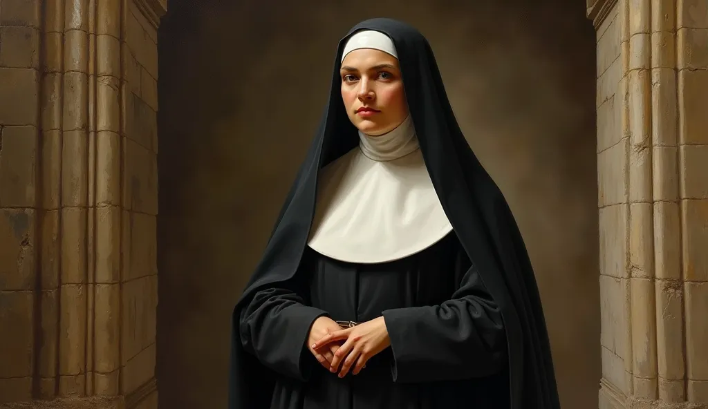 (A high-definition Renaissance-style painting oil on canvas, with rich details). Saint Scholastica wearing her monastic habit for the first time, with an expression of serenity and devotion.