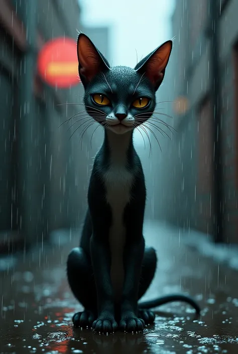 A cat became wet by rain