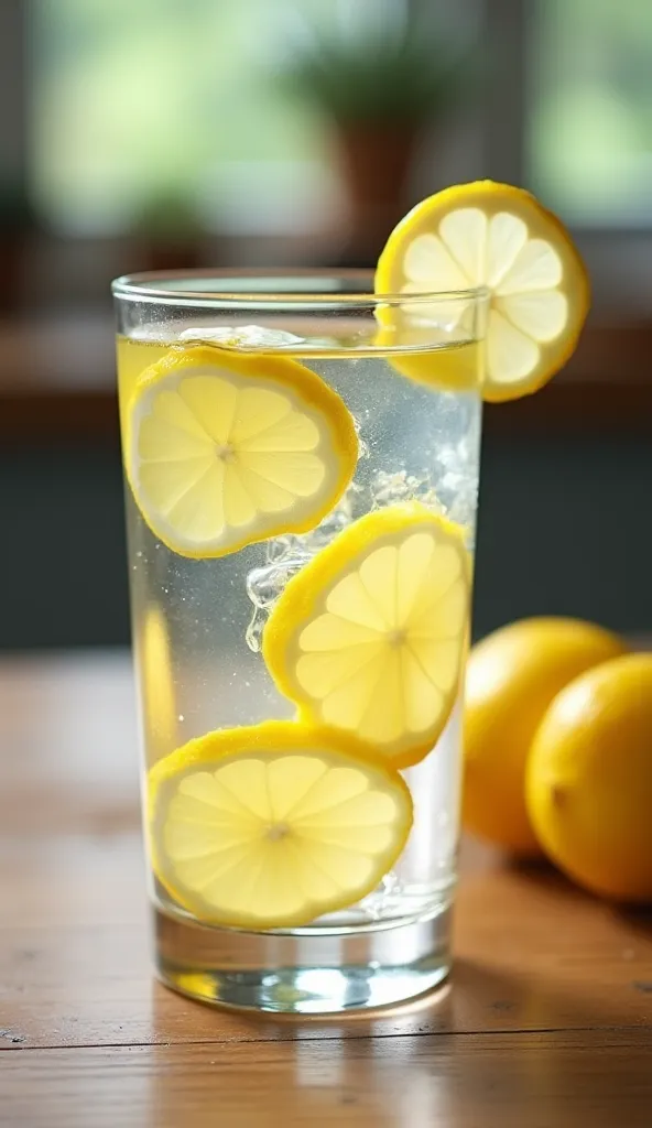 Water with lemon, in a cup on a kitchen table