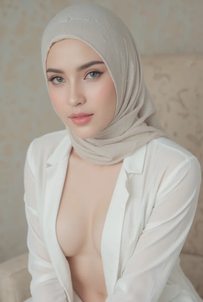 Woman in hijab, with an open white shirt, sexy