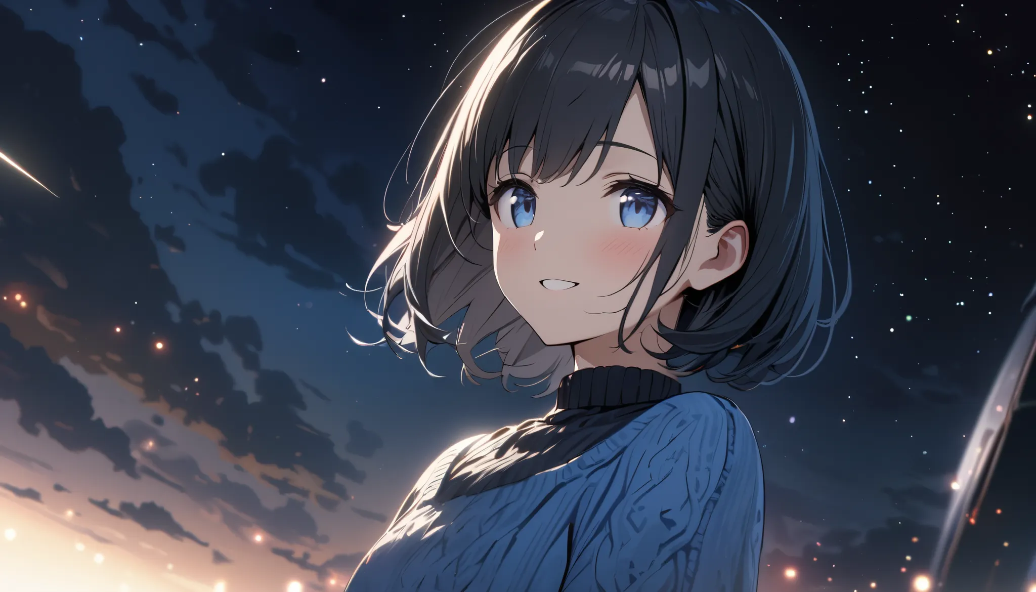 one girl,black hair and bob hair、beautiful blue eyes、smile、gentle smile on her face、flat chest, one Beautiful girl,((masterpiece, illustration, best quality) ((ultra-detailed))\,standing on a field viewing the night sky with dark clouds and stars, a comet ...