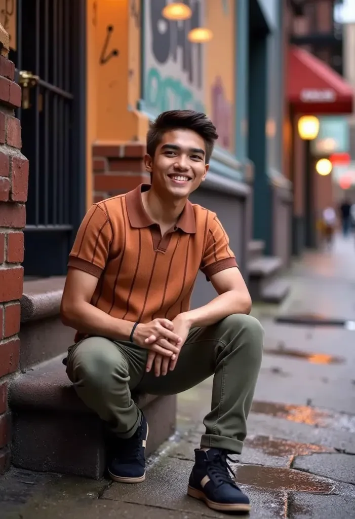 A cheerful Filipino man with a mullet hairstyle, wearing a HUMAN Flat Knit Shirt, cargo pants, and stylish shoes, sits confidently on a worn-out stoop in a gritty New York City street. The backdrop features cracked sidewalks, graffiti-covered walls, and fl...