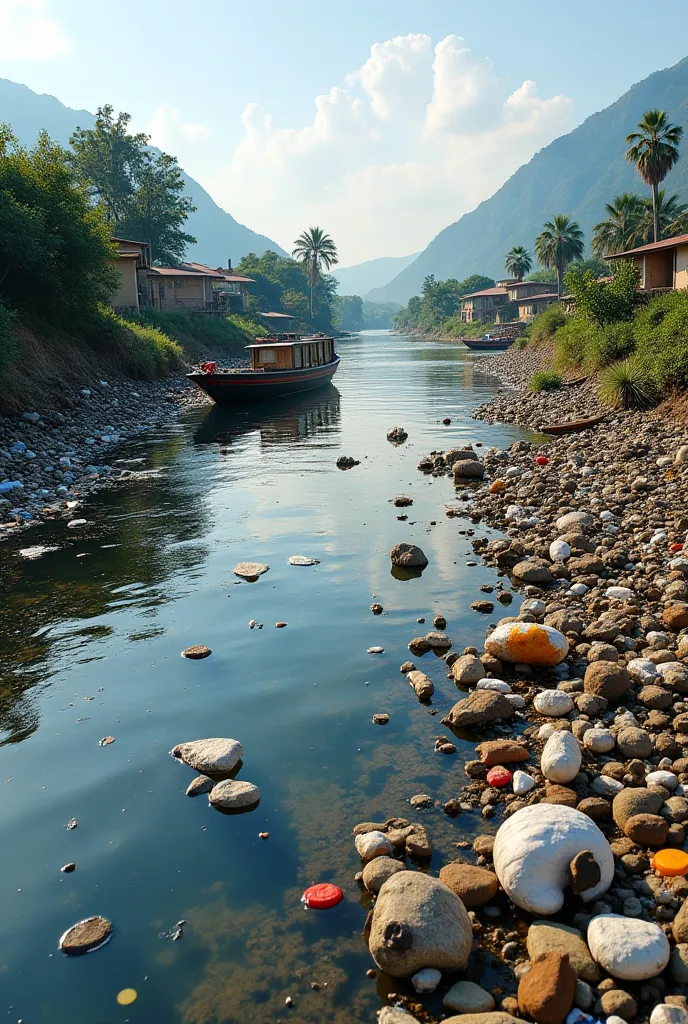 A picture of the impact of solid waste on the environment

Description: A scene of a river or area in the center of Banha contaminated with waste, with garbage reflected in the water.. There can be fishing boats or houses nearby, highlighting the impact of...